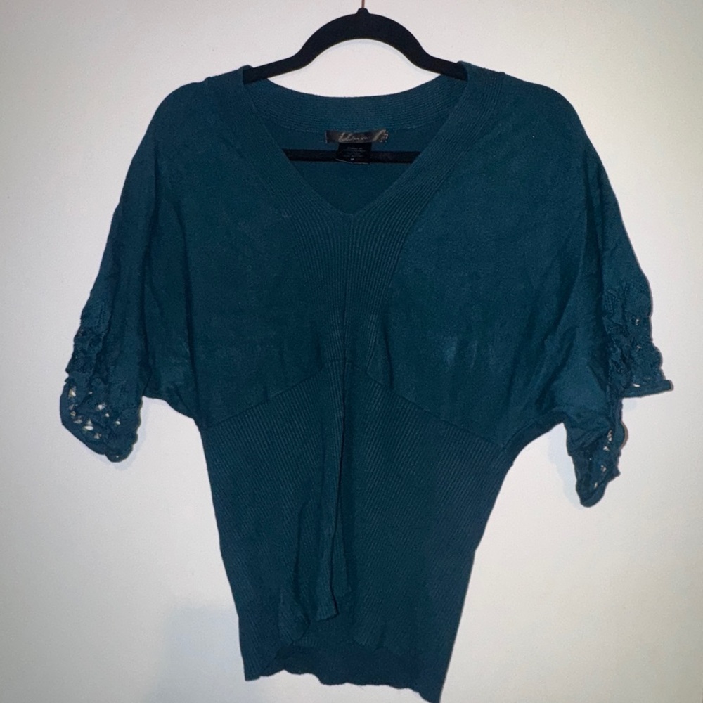 Teal Knit V-Neck Sweater with Lace Sleeves